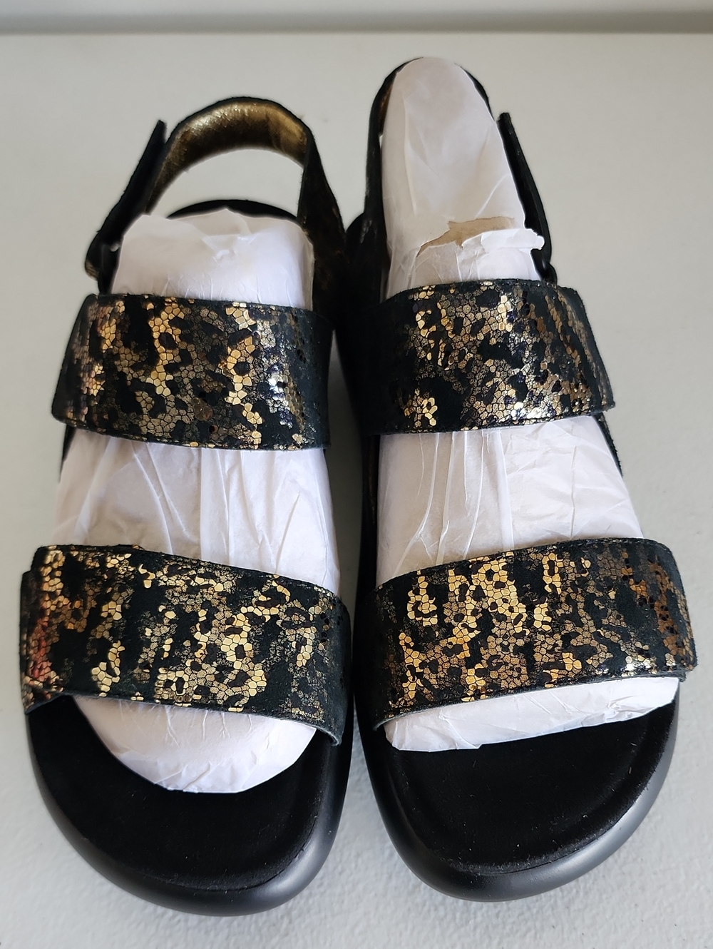 Alegria Black Sandals with Gold Metallic Pattern